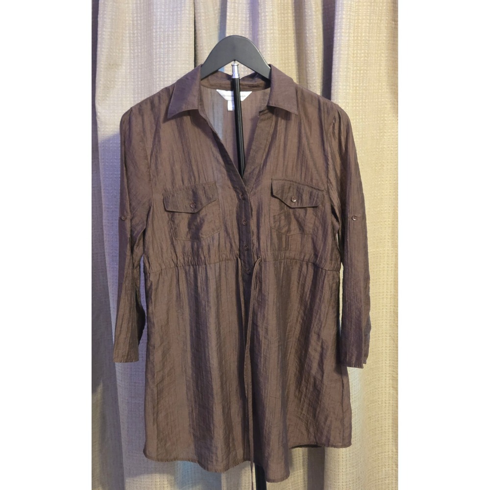 Christopher & Banks Quarter Button Shirt Dress Women's Size Medium Brown Sheer‎